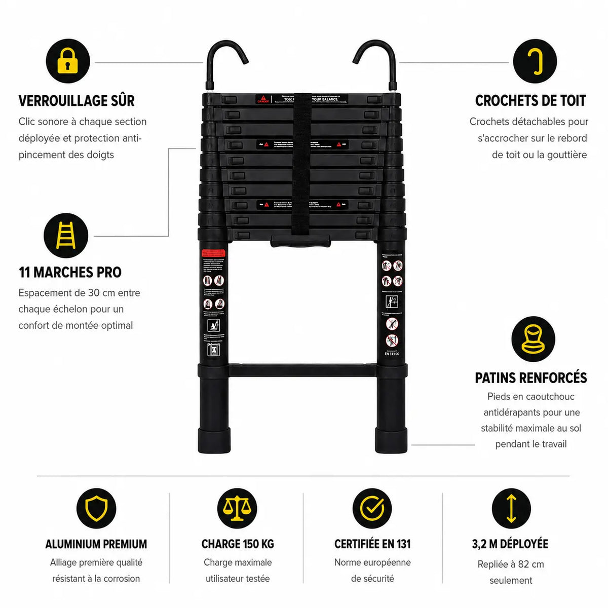 Échelle Télescopique 3,2m Noire Pro | ExpertEchelles