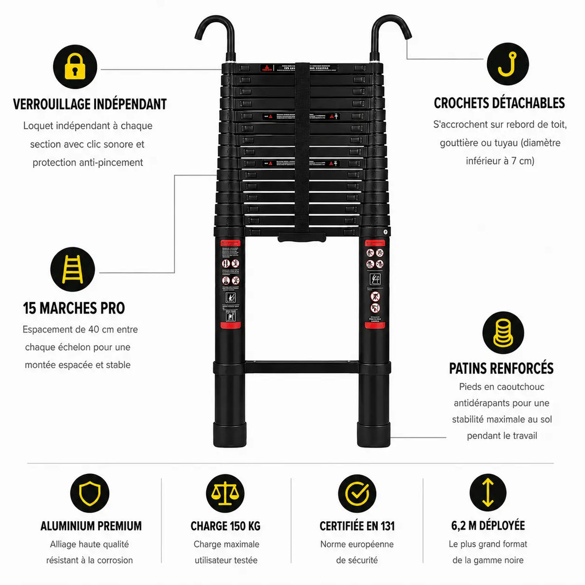Échelle Télescopique 6,2m Noire Pro | ExpertEchelles