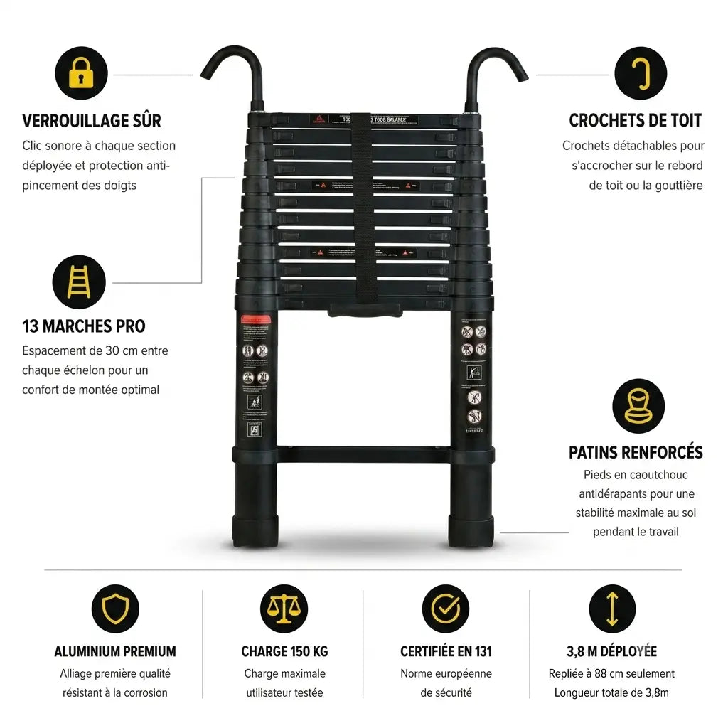 Échelle Télescopique 3,8m Noire Pro | ExpertEchelles
